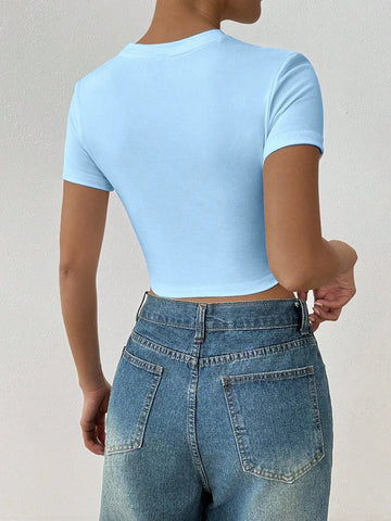 Women's Summer Letter Fruit Printed Cropped Round Neck Short Sleeve Silm Fit Casual T-Shirt