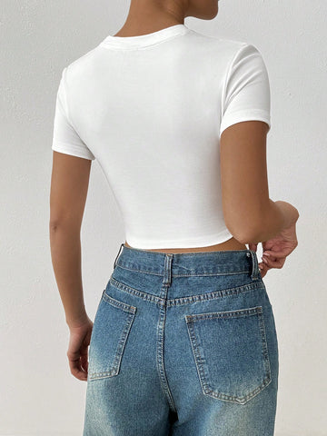 Women's Summer Letter Fruit Printed Cropped Round Neck Short Sleeve Silm Fit Casual T-Shirt