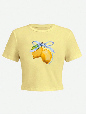 Women's Summer Letter Fruit Printed Cropped Round Neck Short Sleeve Silm Fit Casual T-Shirt