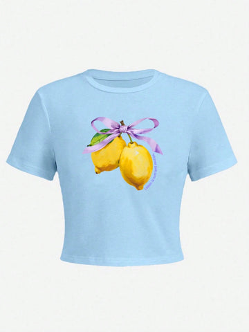 Women's Summer Letter Fruit Printed Cropped Round Neck Short Sleeve Silm Fit Casual T-Shirt