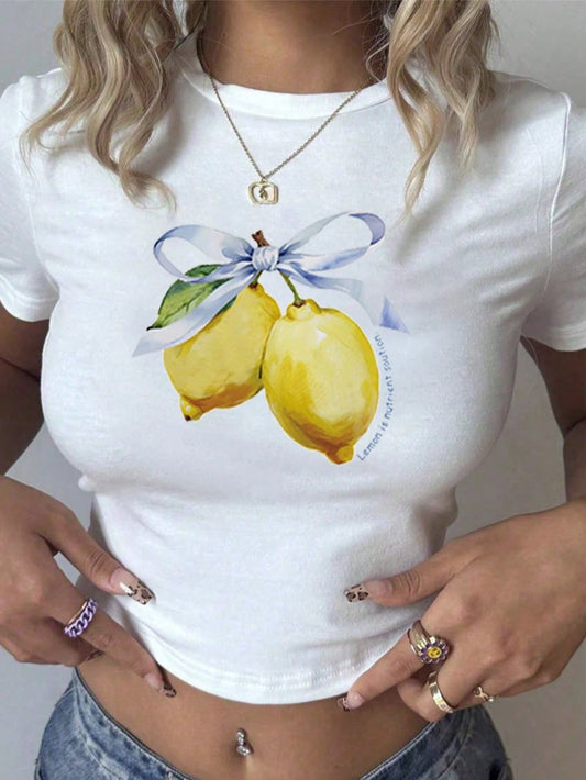 Women's Summer Letter Fruit Printed Cropped Round Neck Short Sleeve Silm Fit Casual T-Shirt