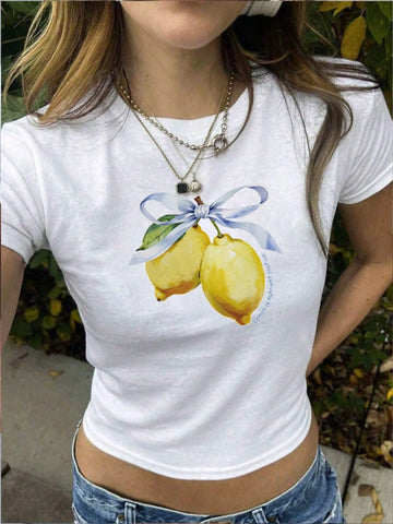 Women's Summer Letter Fruit Printed Cropped Round Neck Short Sleeve Silm Fit Casual T-Shirt