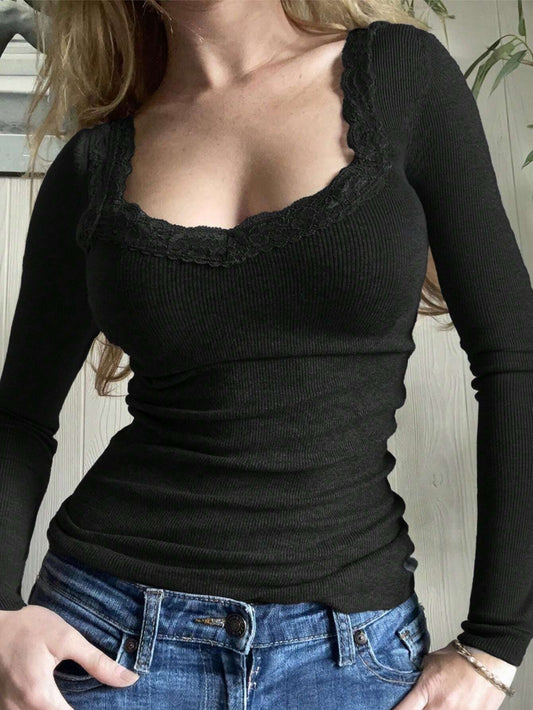 Solid Color Lace Lace Square Neck Knitted Long-Sleeved Top