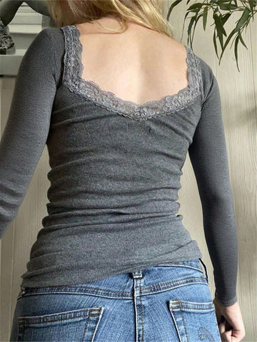 Solid Color Lace Lace Square Neck Knitted Long-Sleeved Top