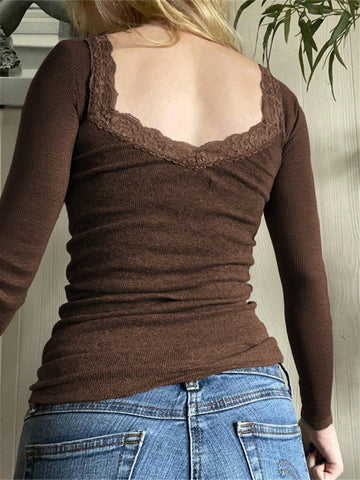Solid Color Lace Lace Square Neck Knitted Long-Sleeved Top