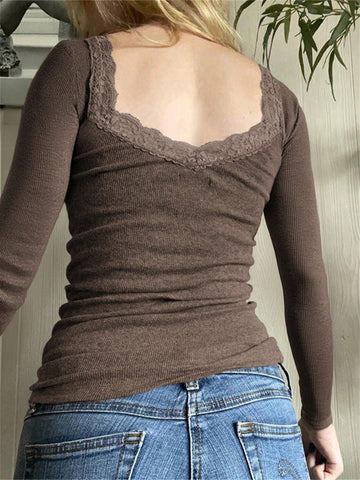 Solid Color Lace Lace Square Neck Knitted Long-Sleeved Top