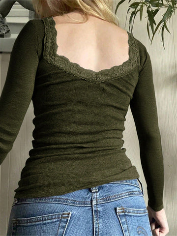 Solid Color Lace Lace Square Neck Knitted Long-Sleeved Top