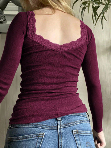 Solid Color Lace Lace Square Neck Knitted Long-Sleeved Top