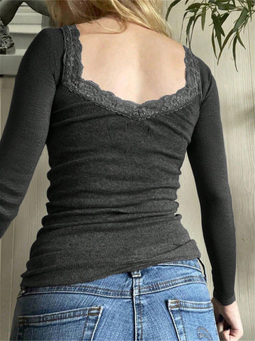 Solid Color Lace Lace Square Neck Knitted Long-Sleeved Top