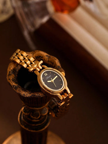1pc Women's Golden Elegant Oval Dial Waterproof Wristwatch