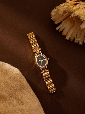 1pc Women's Golden Elegant Oval Dial Waterproof Wristwatch