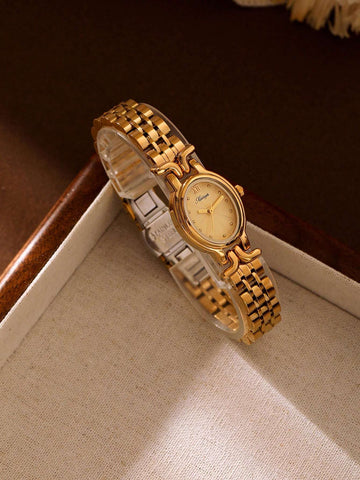 1pc Women's Golden Elegant Oval Dial Waterproof Wristwatch