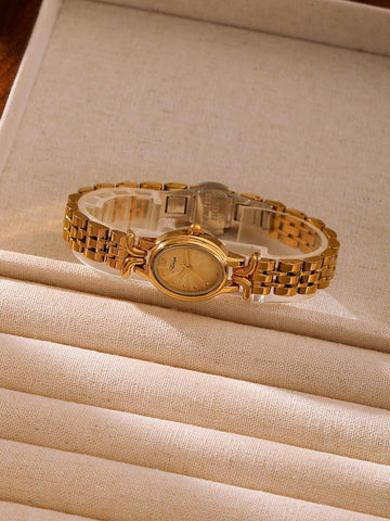 1pc Women's Golden Elegant Oval Dial Waterproof Wristwatch
