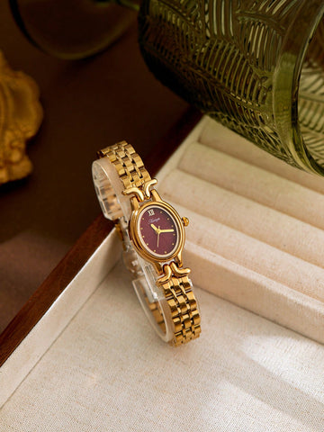 1pc Women's Golden Elegant Oval Dial Waterproof Wristwatch