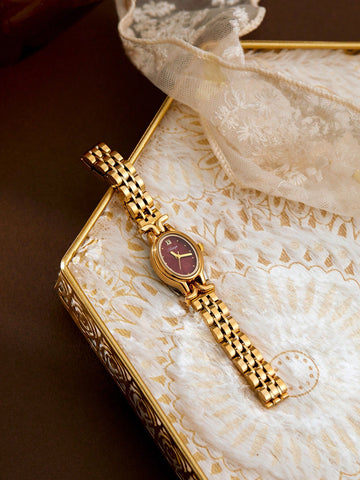 1pc Women's Golden Elegant Oval Dial Waterproof Wristwatch