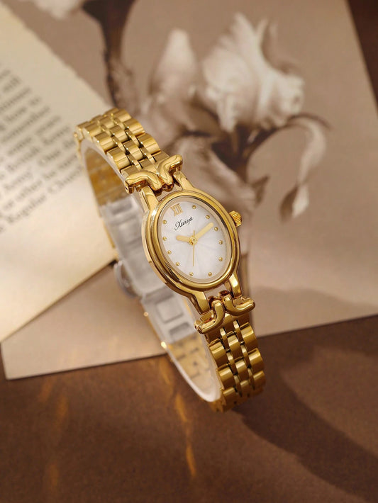1pc Women's Golden Elegant Oval Dial Waterproof Wristwatch
