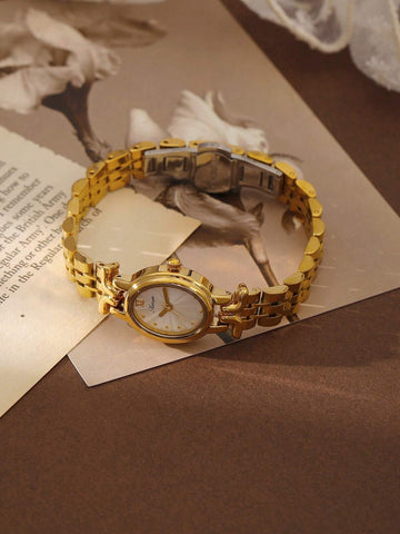 1pc Women's Golden Elegant Oval Dial Waterproof Wristwatch