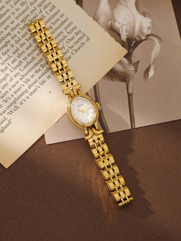 1pc Women's Golden Elegant Oval Dial Waterproof Wristwatch