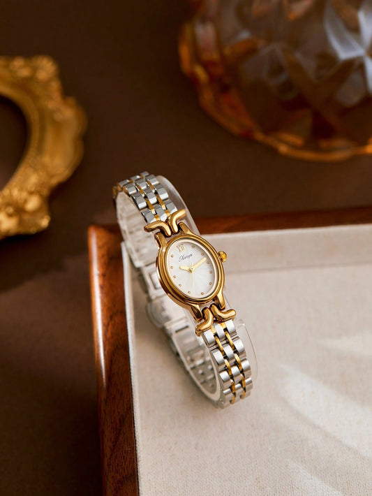 1pc Women's Golden Elegant Oval Dial Waterproof Wristwatch