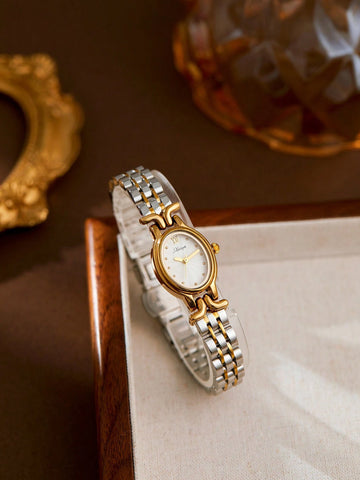 1pc Women's Golden Elegant Oval Dial Waterproof Wristwatch