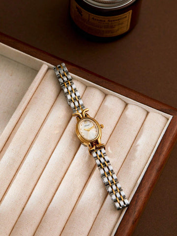 1pc Women's Golden Elegant Oval Dial Waterproof Wristwatch