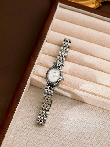 1pc Women's Golden Elegant Oval Dial Waterproof Wristwatch