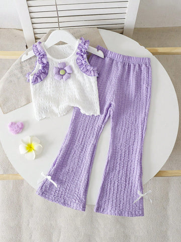 Young Girl Flower Decor Patchwork Ruffle Hem Camisole And Flared Pants Cute Set