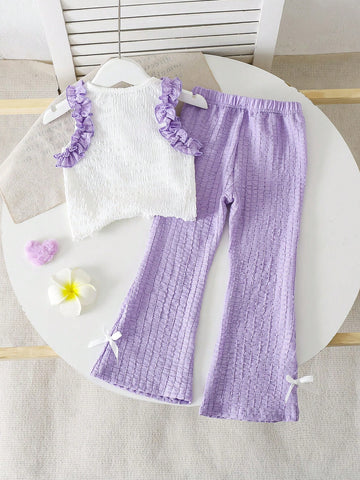 Young Girl Flower Decor Patchwork Ruffle Hem Camisole And Flared Pants Cute Set
