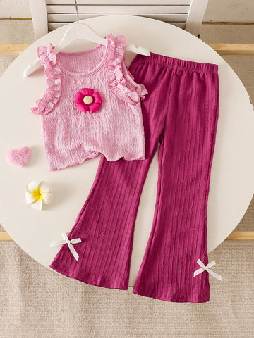 Young Girl Flower Decor Patchwork Ruffle Hem Camisole And Flared Pants Cute Set
