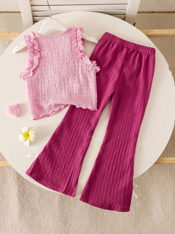 Young Girl Flower Decor Patchwork Ruffle Hem Camisole And Flared Pants Cute Set