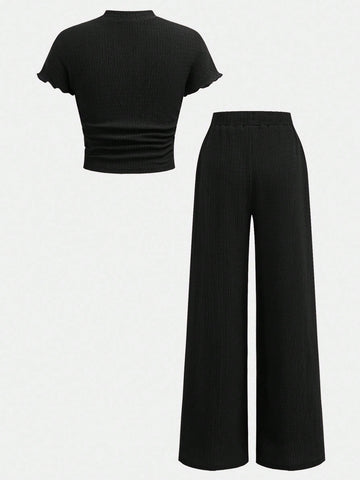 Textured Knit Side Ruched Mock Neck Snug Fit Top And Wide Leg Pant
