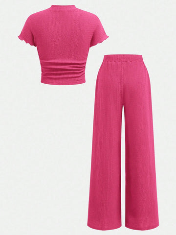 Textured Knit Side Ruched Mock Neck Snug Fit Top And Wide Leg Pant
