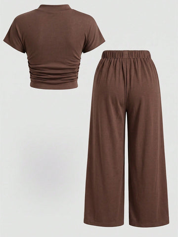 Textured Knit Side Ruched Mock Neck Snug Fit Top And Wide Leg Pant