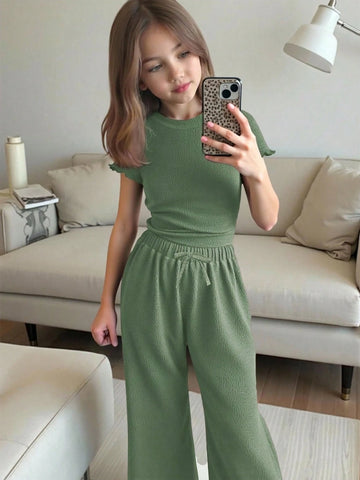 Textured Knit Side Ruched Mock Neck Snug Fit Top And Wide Leg Pant