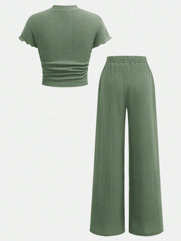Textured Knit Side Ruched Mock Neck Snug Fit Top And Wide Leg Pant