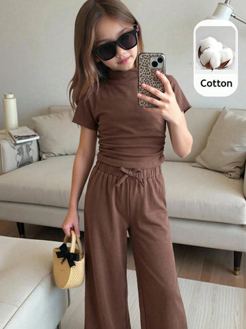 Textured Knit Side Ruched Mock Neck Snug Fit Top And Wide Leg Pant