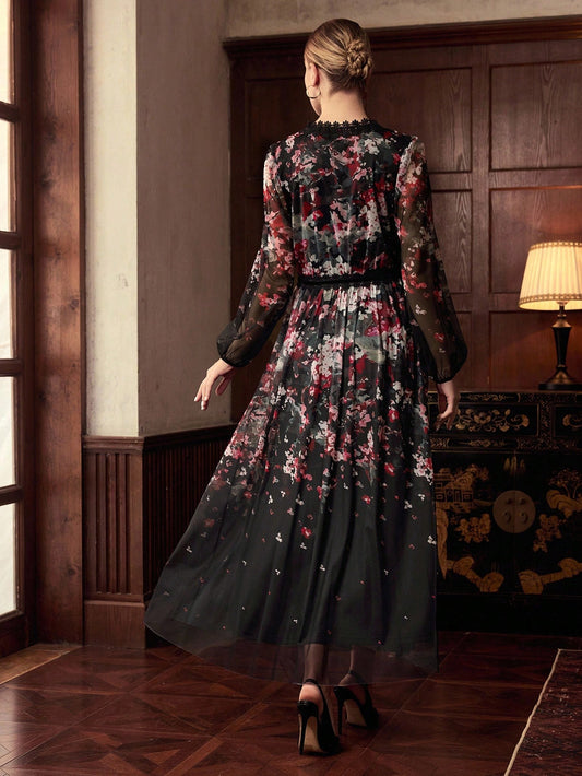 ZEYLAH Lace Patchwork Print Maxi Dress