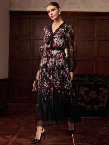 ZEYLAH Lace Patchwork Print Maxi Dress