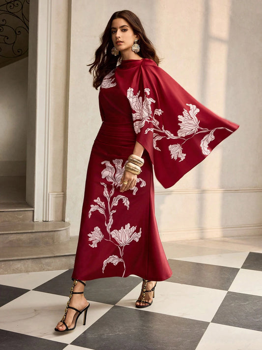 ZEYLAH Printed Short Sleeve One-Shoulder Elegant Dress