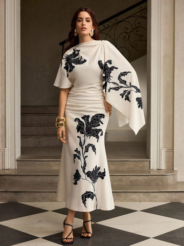 ZEYLAH Printed Short Sleeve One-Shoulder Elegant Dress