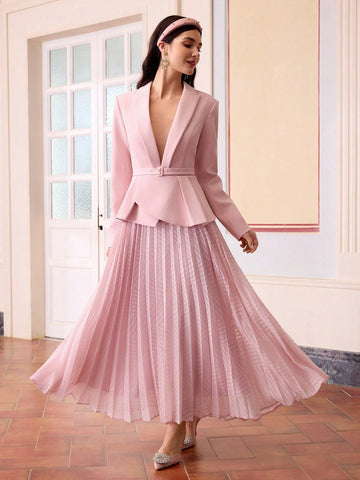 Women's Elegant Long Sleeve Pleated Hem Blazer Dress