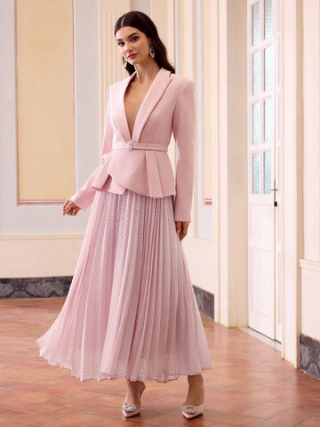 Women's Elegant Long Sleeve Pleated Hem Blazer Dress