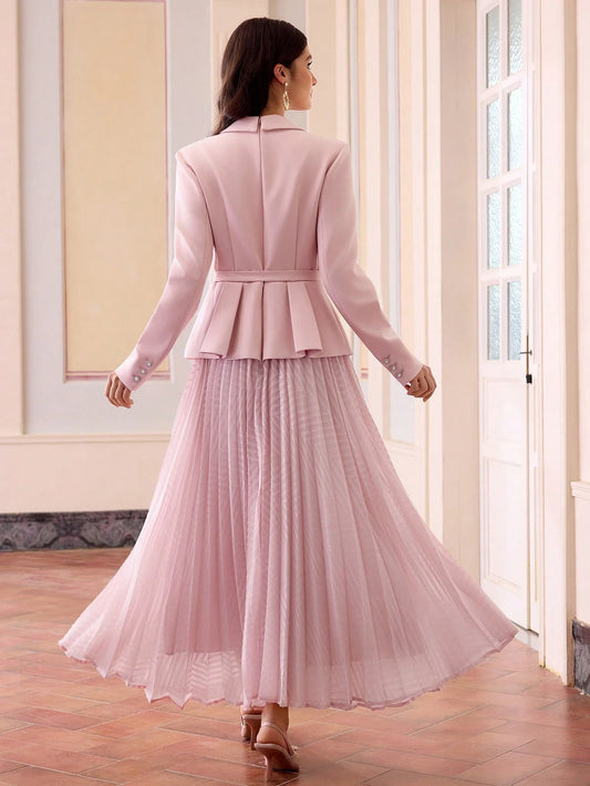 Women's Elegant Long Sleeve Pleated Hem Blazer Dress