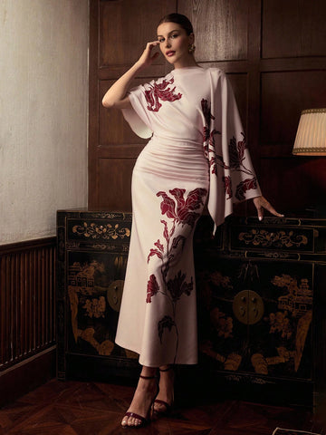 ZEYLAH Printed Short Sleeve One-Shoulder Elegant Dress