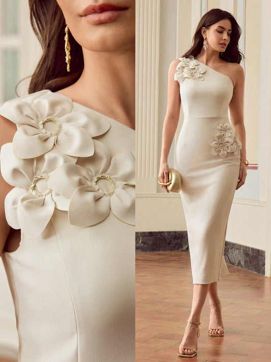 ZEYLAH Women's Solid Color 3D Floral Decor Sleeveless Midi Dress