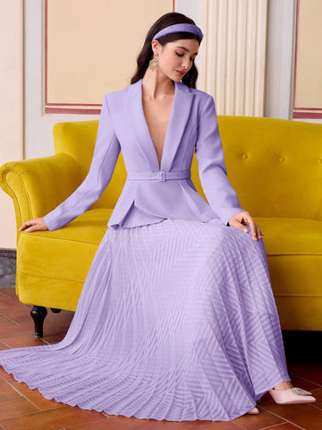 Women's Elegant Long Sleeve Pleated Hem Blazer Dress