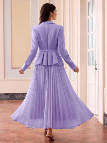 Women's Elegant Long Sleeve Pleated Hem Blazer Dress