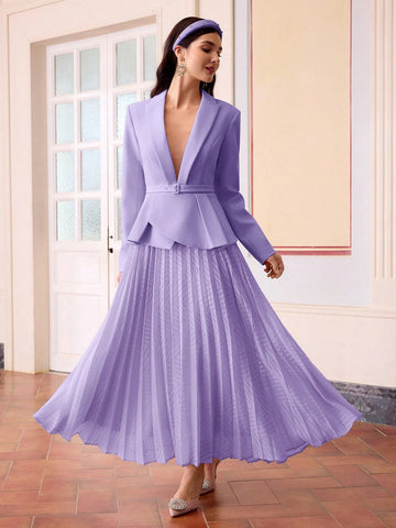 Women's Elegant Long Sleeve Pleated Hem Blazer Dress