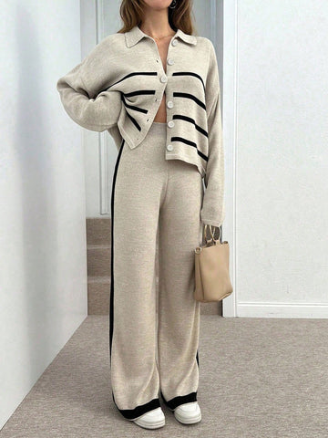 Women's Striped Drop Shoulder Long Sleeve Single-Breasted Knit Cardigan And Knit Pants