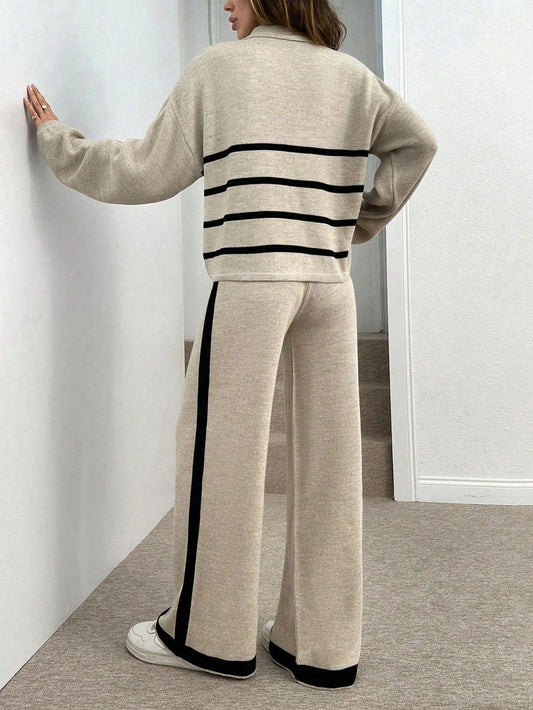Women's Striped Drop Shoulder Long Sleeve Single-Breasted Knit Cardigan And Knit Pants